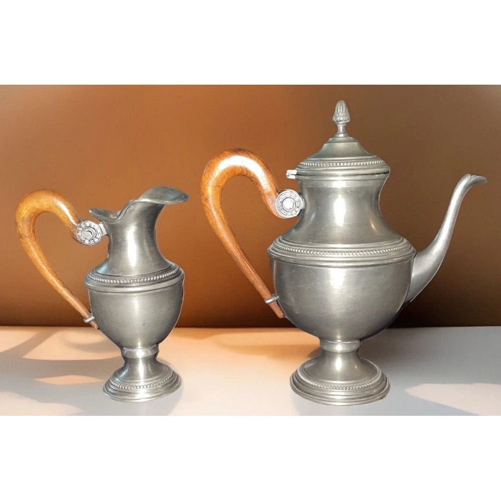 VTG✨Pewter Metal/Wood 3 Pc. SET Teapot, Sugar Bowl, Milk Carafe‎ (MADE IN ITALY)